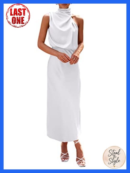 Dresses & Skirts - Satin Sleeveless Mock Neck Maxi Dress Fit and Flare Formal Elegant